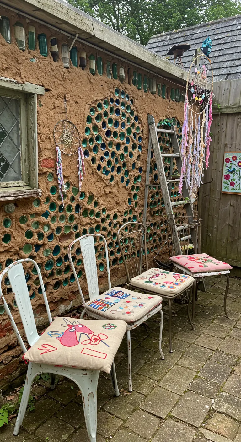 Patio rústico con pared de botellas, sillas de metal vintage y cojines bordados a mano.