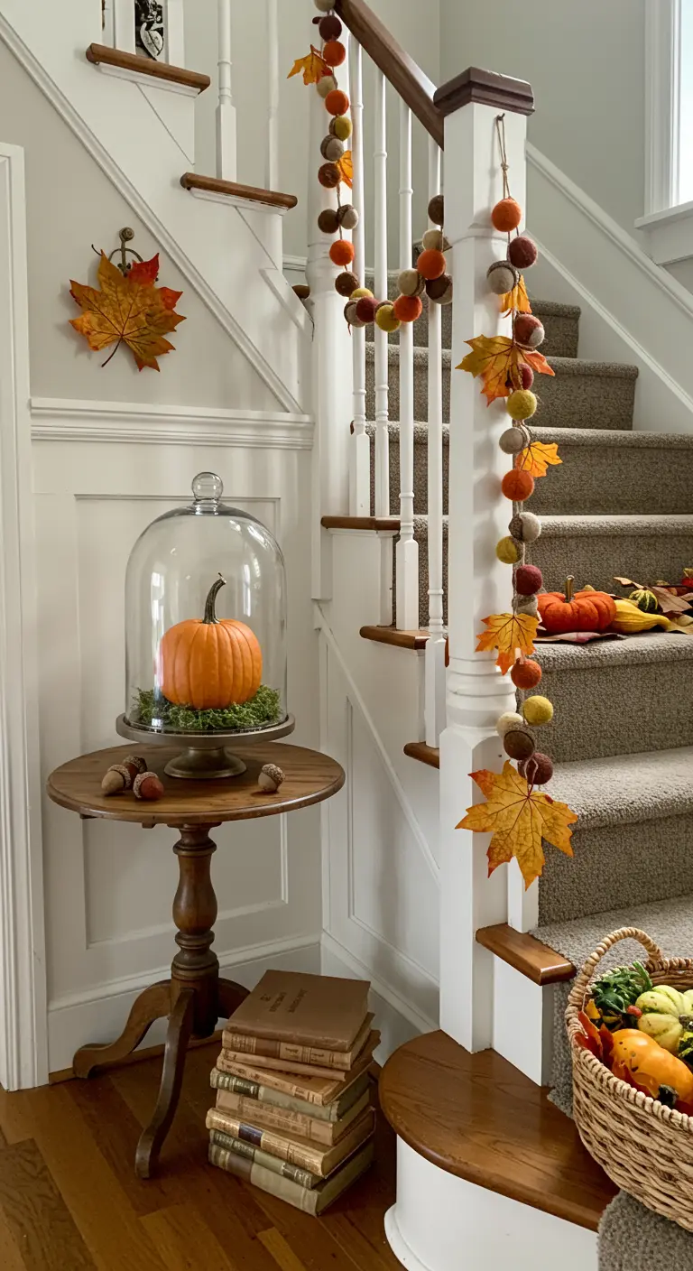 Mesa auxiliar de madera con una calabaza bajo una campana de cristal y una guirnalda de fieltro en la escalera.