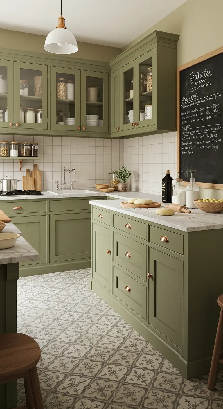 Cocina de estilo bistró francés con gabinetes verde oliva, pared de pizarra y suelo de baldosas hidráulicas.