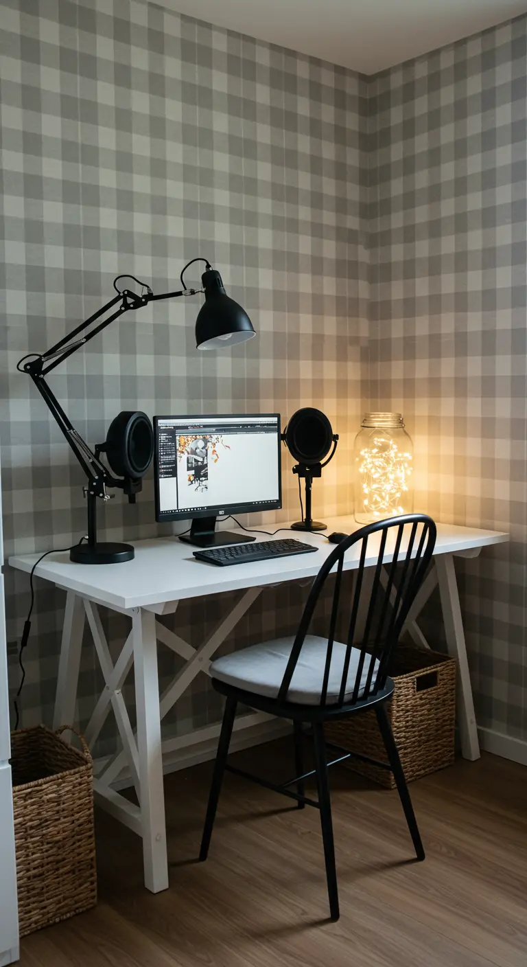 Oficina con pared de cuadros vichy, escritorio blanco y una silla Windsor negra.