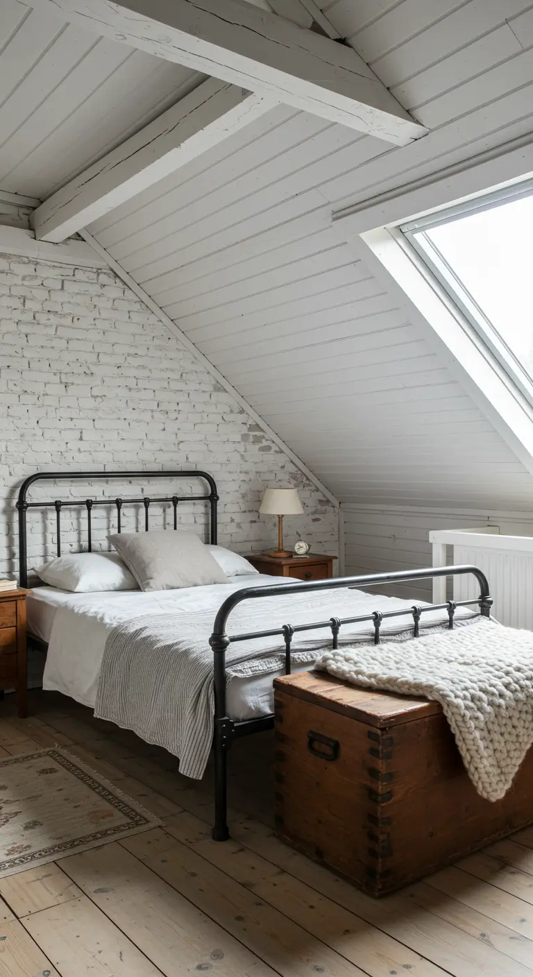 Dormitorio en un ático con pared de ladrillo blanco, cama de forja y baúl vintage.