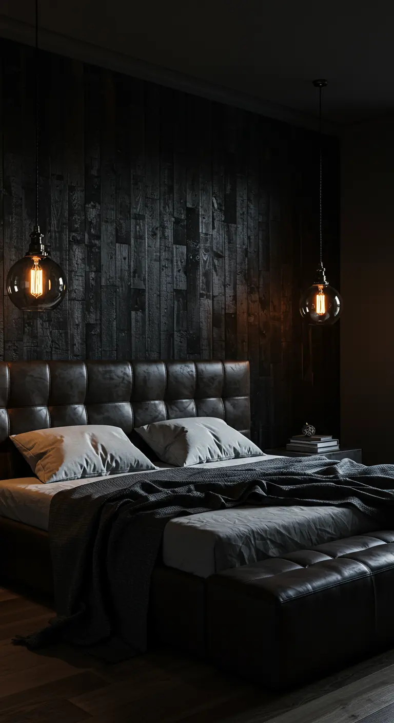 Dormitorio masculino y sofisticado con una pared de acento de madera reciclada carbonizada en negro.