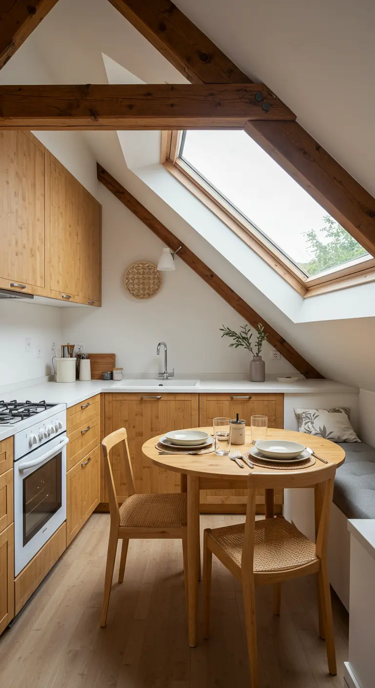 Cocina abuhardillada con vigas de madera, muebles de bambú y una mesa de comedor redonda.