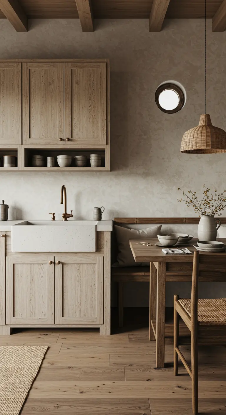 Cocina de estilo rústico japonés con muebles de madera clara, fregadero de granja y comedor.