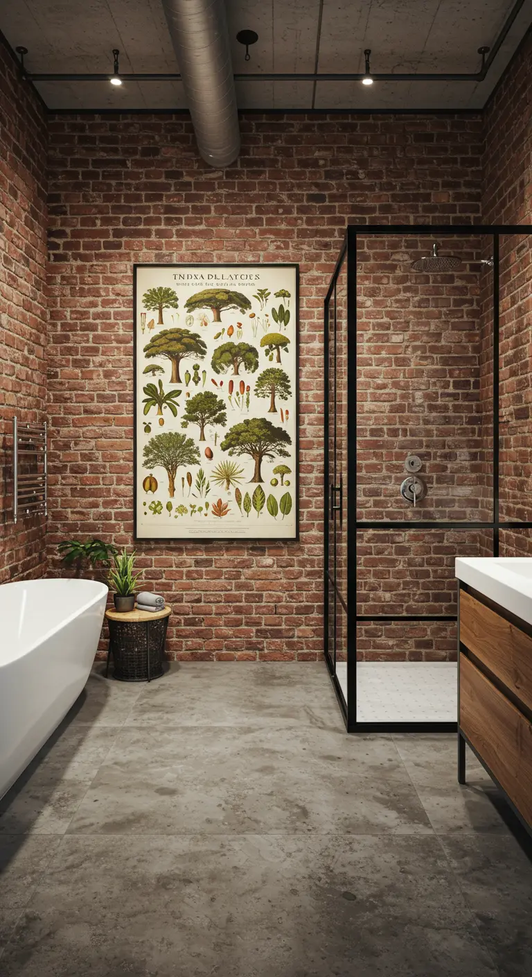 Baño industrial con pared de ladrillo y un gran póster botánico de árboles junto a la ducha.