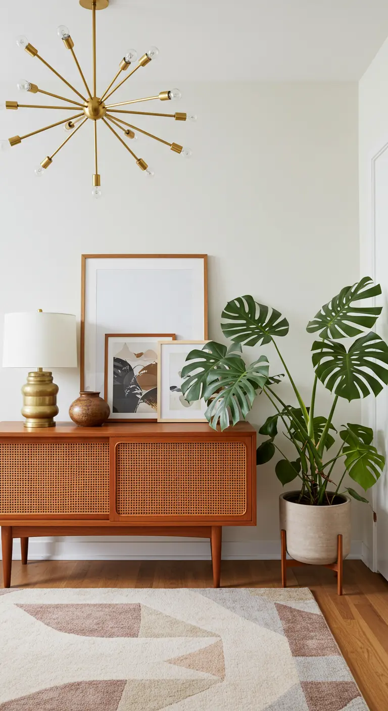 Entrada Mid-Century Modern con aparador de rejilla, lámpara sputnik y una monstera