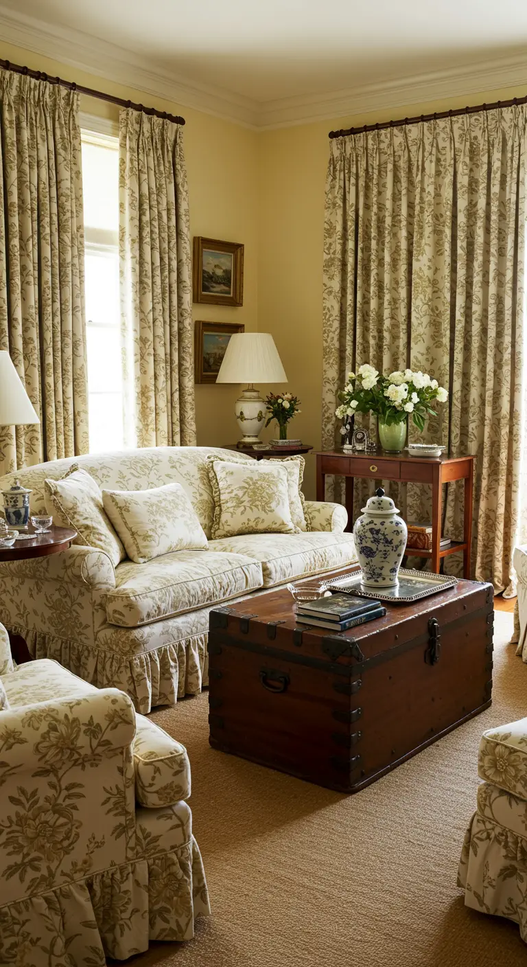 Sala de estar estilo campiña inglesa con sofás florales, cortinas a juego y baúl de madera.