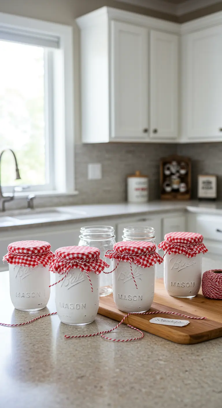 Frascos blancos de efecto tiza con tapas de tela de cuadros vichy rojos y blancos, atados con cordel.