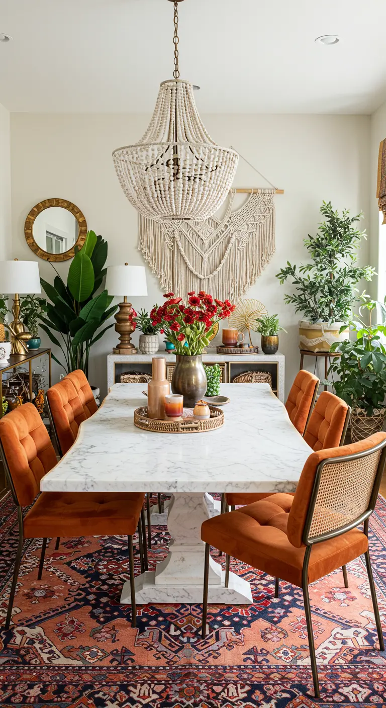 Comedor de estilo bohemio-chic con sillas de terciopelo naranja y un tapiz de macramé en la pared