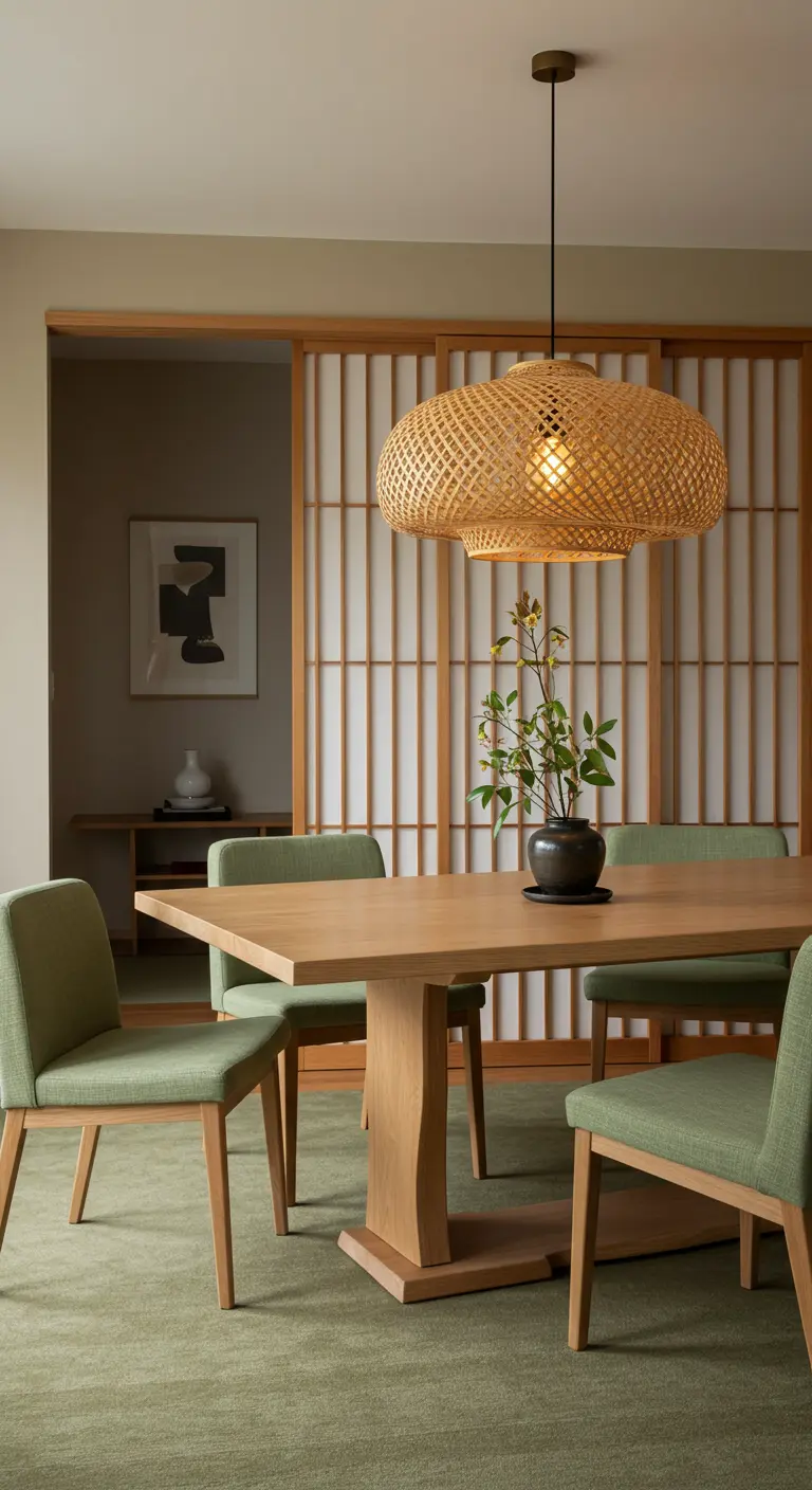 Comedor de estilo Japandi con mesa de madera, sillas de lino verde y lámpara de bambú.