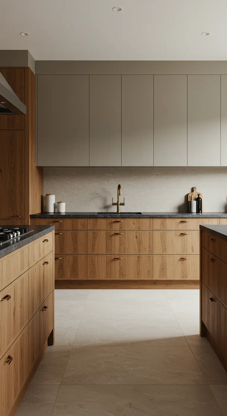 Cocina de dos tonos con gabinetes superiores grises e inferiores de madera.