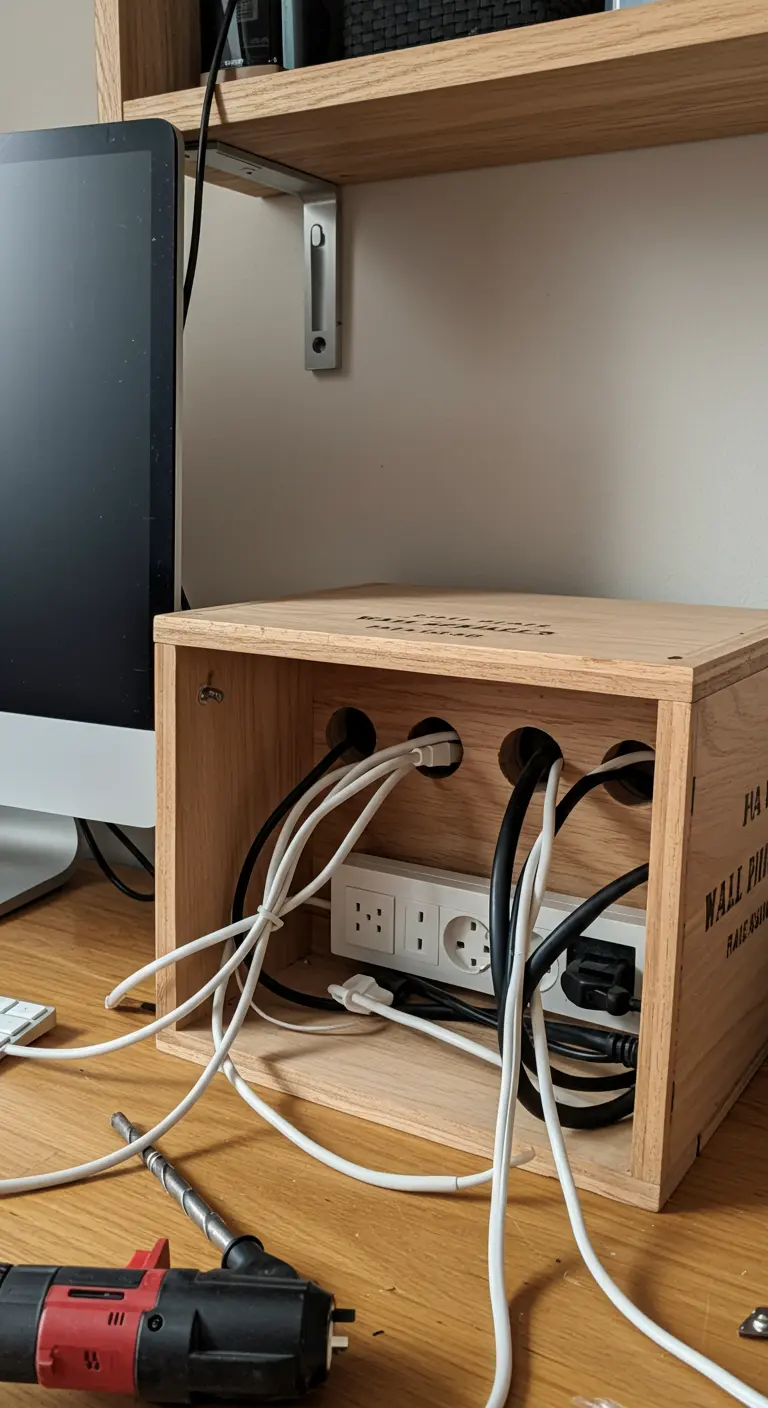 Caja de vino usada como organizador de cables y regletas en un escritorio.