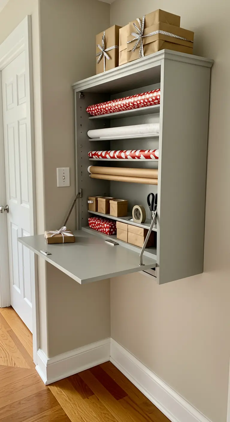 Mueble de pared gris que se despliega para formar un escritorio con almacenamiento interior.