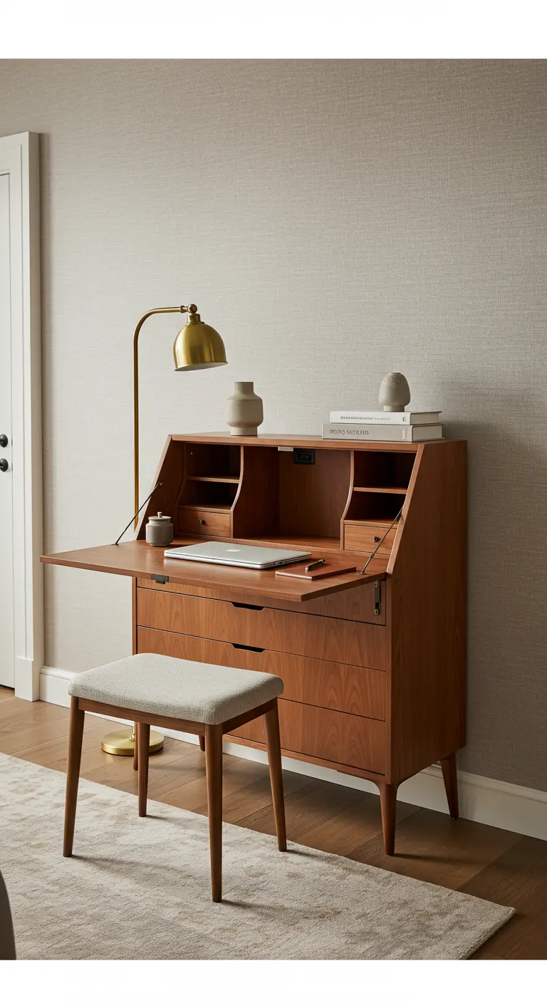 Escritorio tipo secreter de madera de estilo mid-century con lámpara dorada en un recibidor.