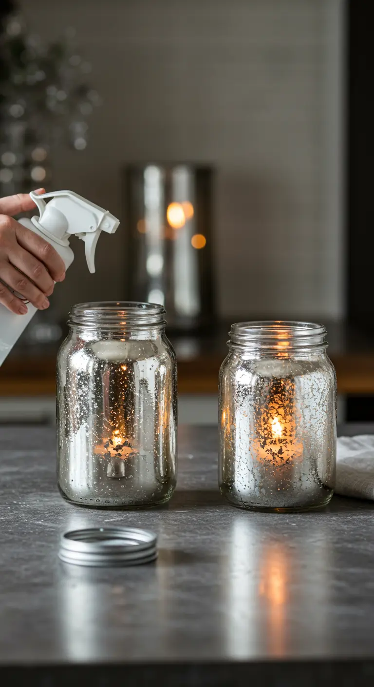 Frascos de vidrio con un acabado de falso cristal de mercurio moteado, iluminados por velas en su interior.