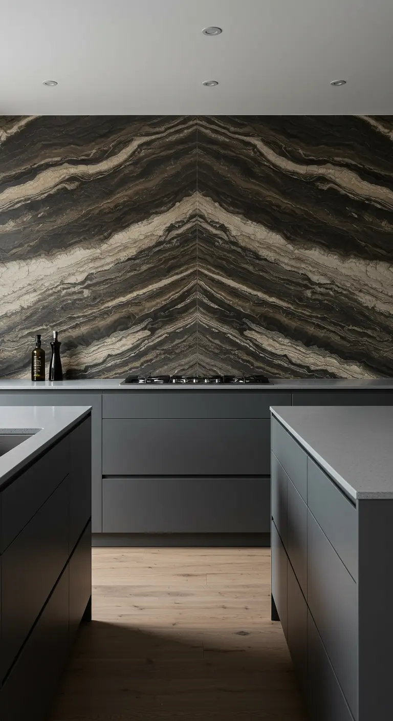 Cocina gris oscuro con un impresionante salpicadero de mármol veteado en 'bookmatch'.