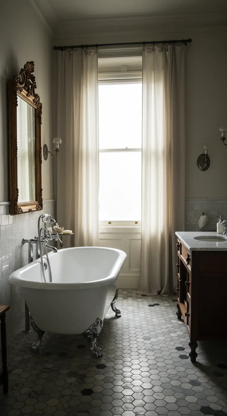 Baño elegante con bañera exenta, espejo dorado y cortinas de lino hasta el suelo.