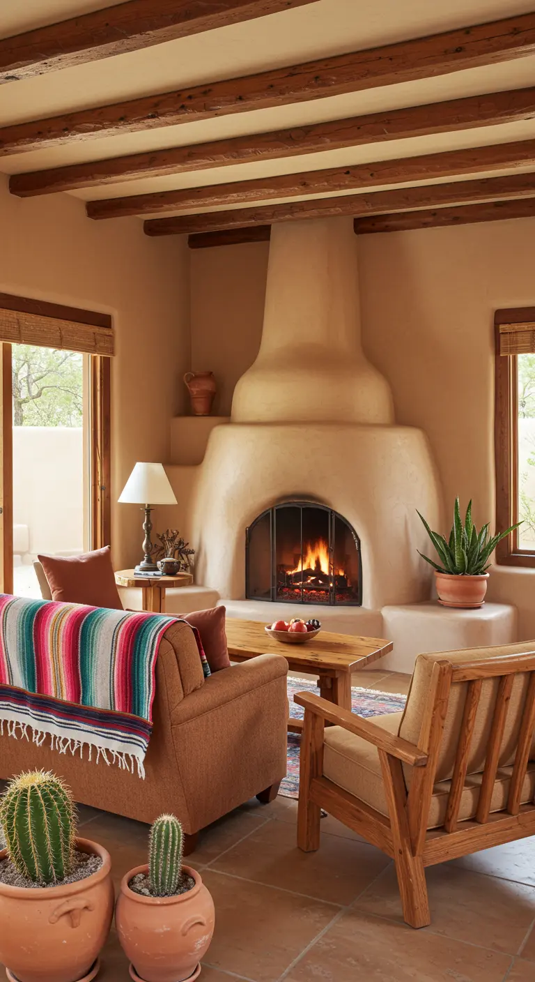 Sala de estar de estilo suroeste con chimenea de adobe, manta colorida y cactus.