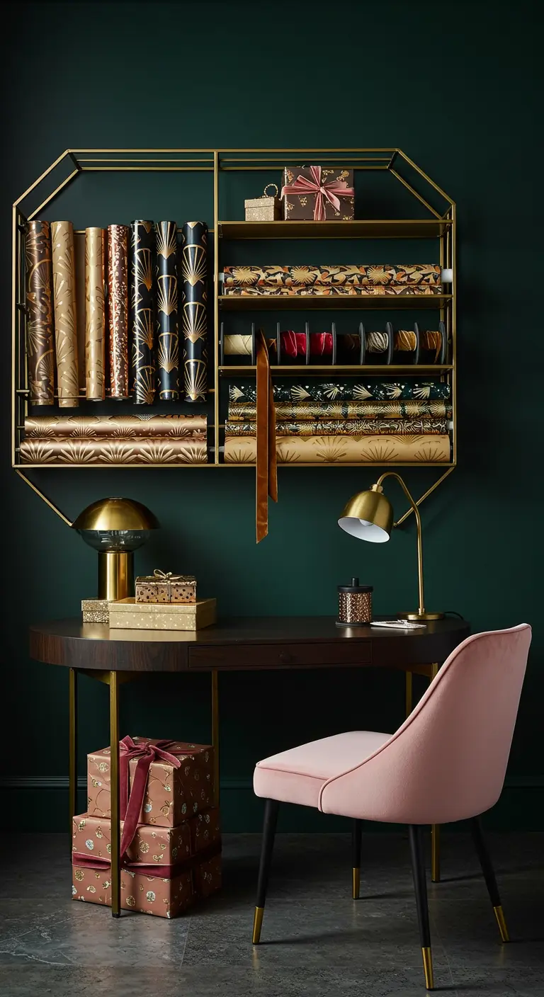 Estantería dorada Art Déco sobre una pared verde oscuro, con escritorio y silla de terciopelo rosa.