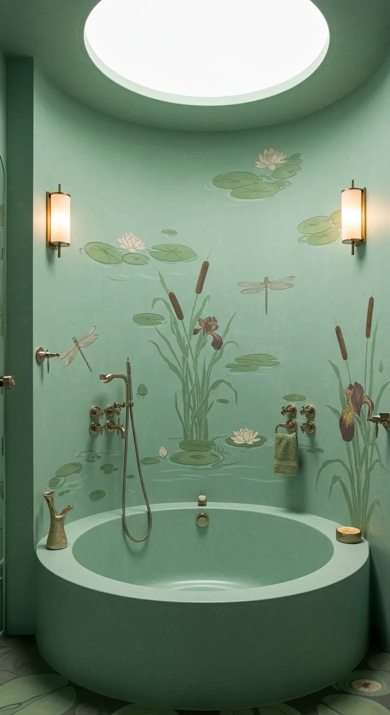Baño con paredes verde claro pintadas con nenúfares y una bañera redonda.