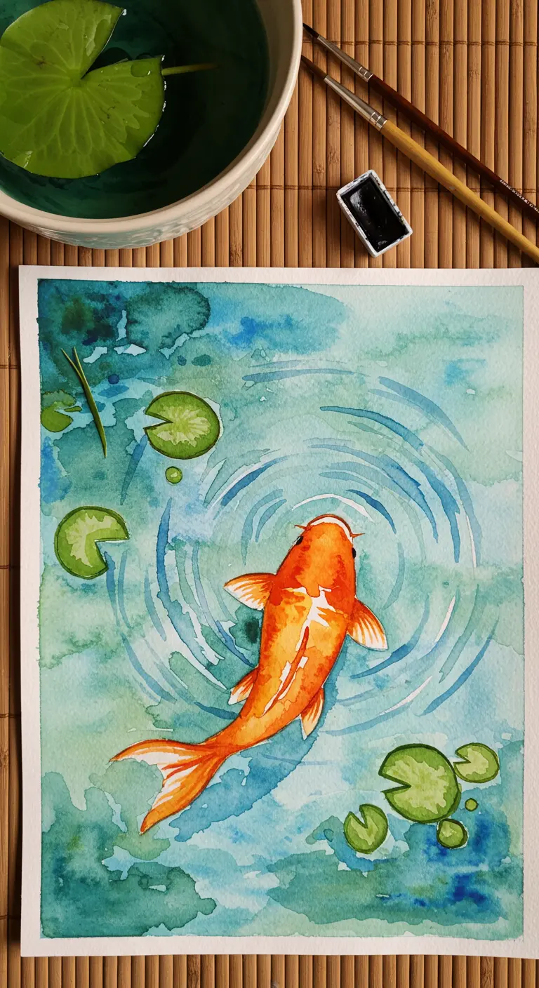 Pintura de acuarela de un pez koi naranja nadando en un estanque con nenúfares.