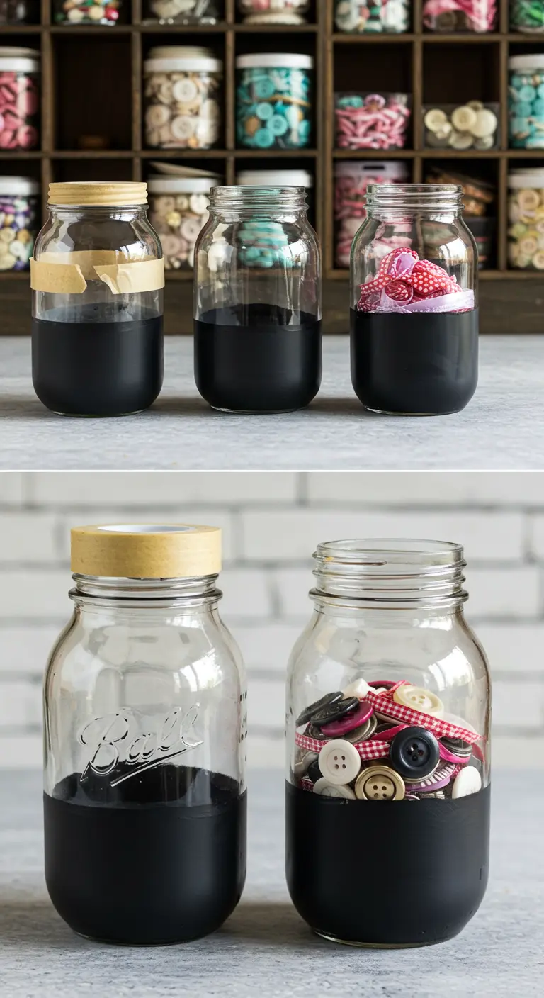 Frascos de vidrio pintados hasta la mitad con pintura de pizarra negra para organizar botones y cintas.