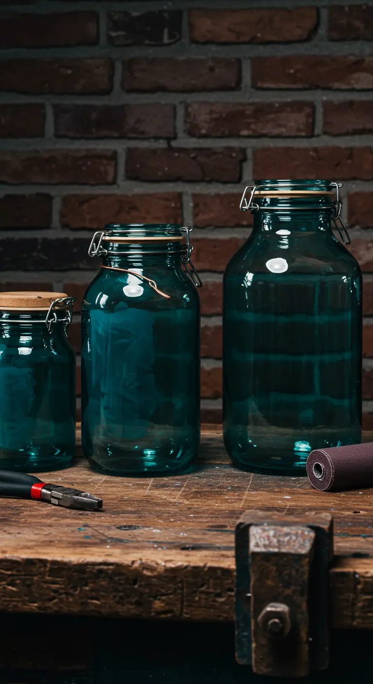 Tres frascos de vidrio herméticos de color verde azulado oscuro sobre una mesa de trabajo de madera.