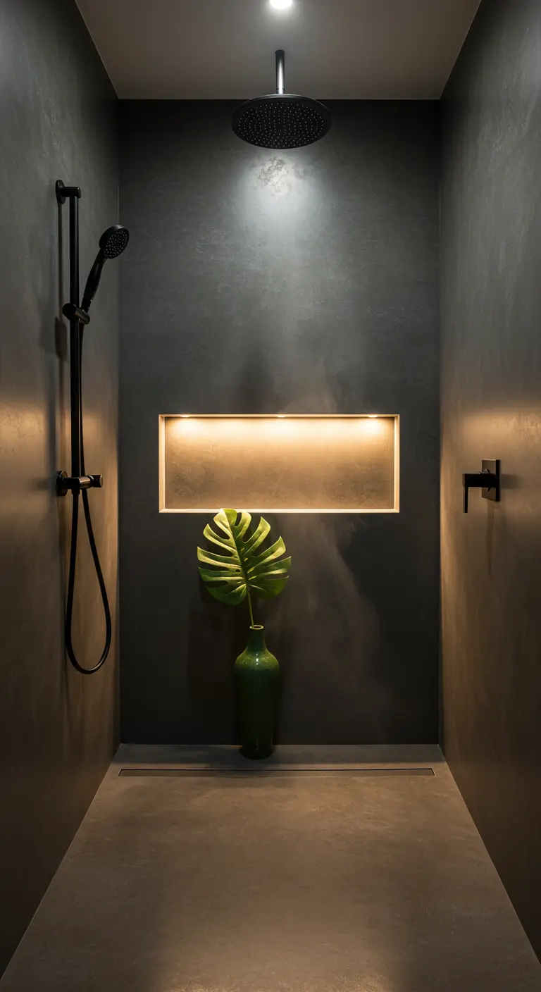 Ducha de microcemento oscuro con un nicho iluminado donde hay un jarrón verde con una hoja de monstera.