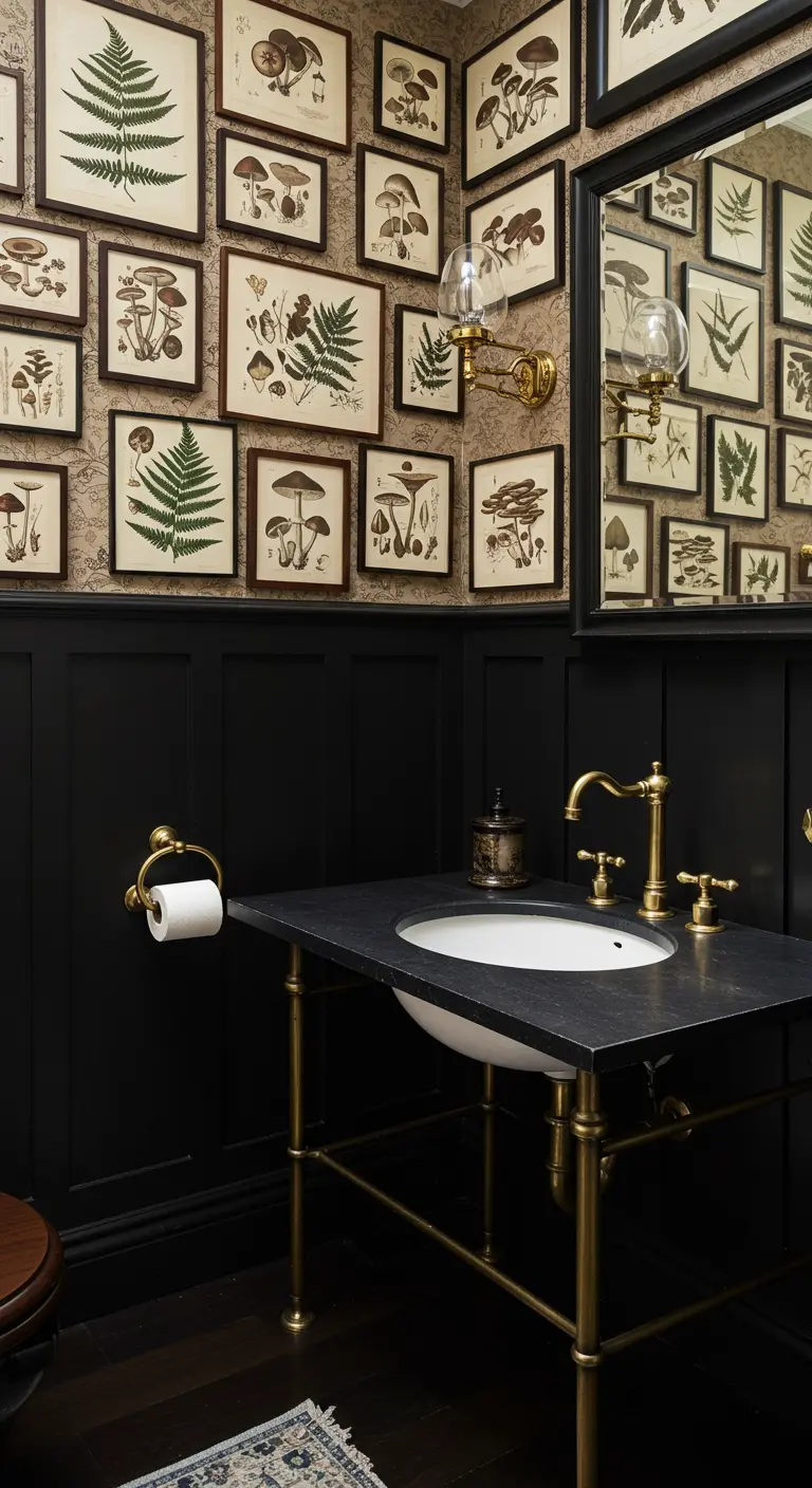 Aseo con boiserie negra y papel pintado con ilustraciones de setas, combinado con accesorios de latón.