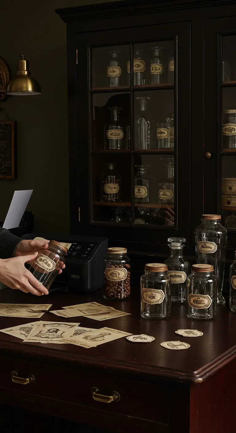 Frascos de boticario con etiquetas vintage para especias sobre un escritorio de madera oscura.