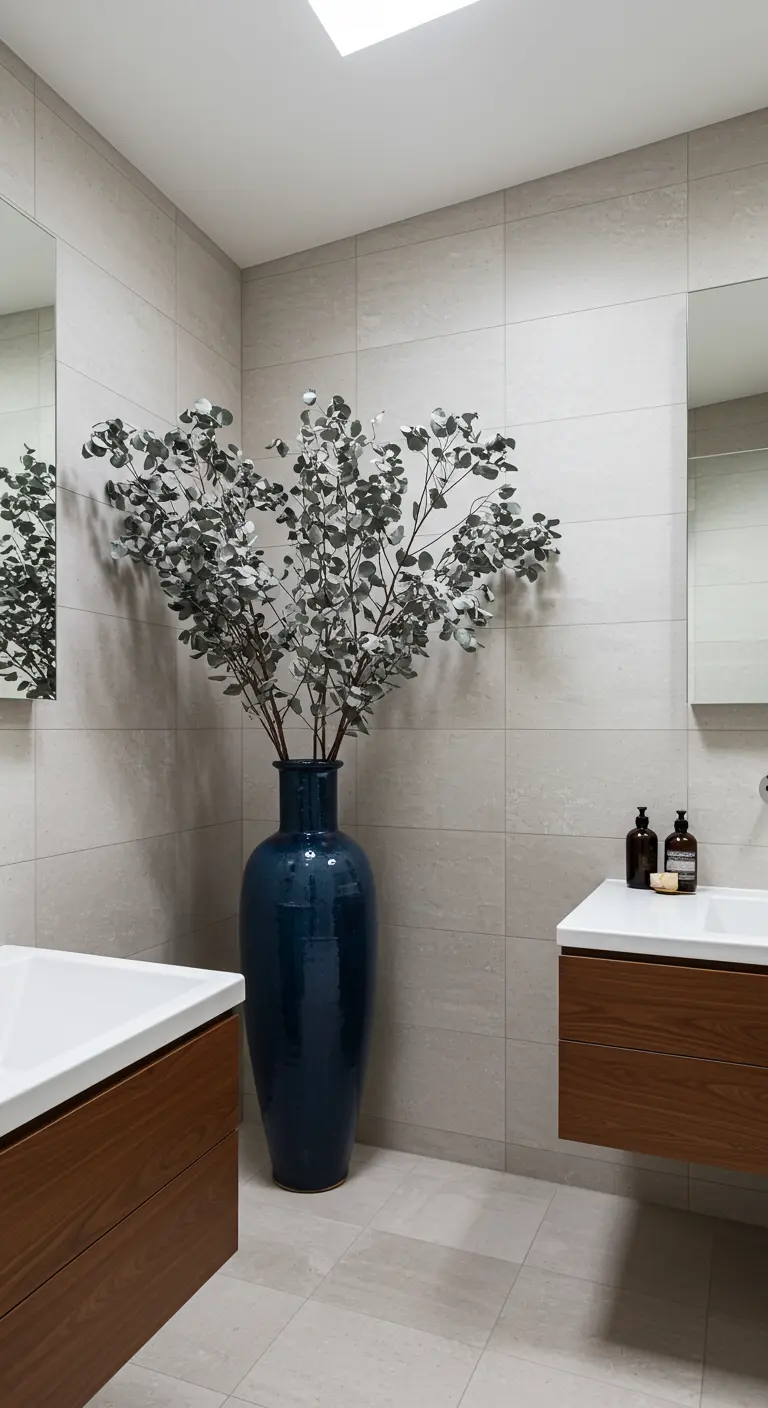 Jarrón de suelo grande de color azul cobalto con frondosas ramas de eucalipto en la esquina de un baño moderno.