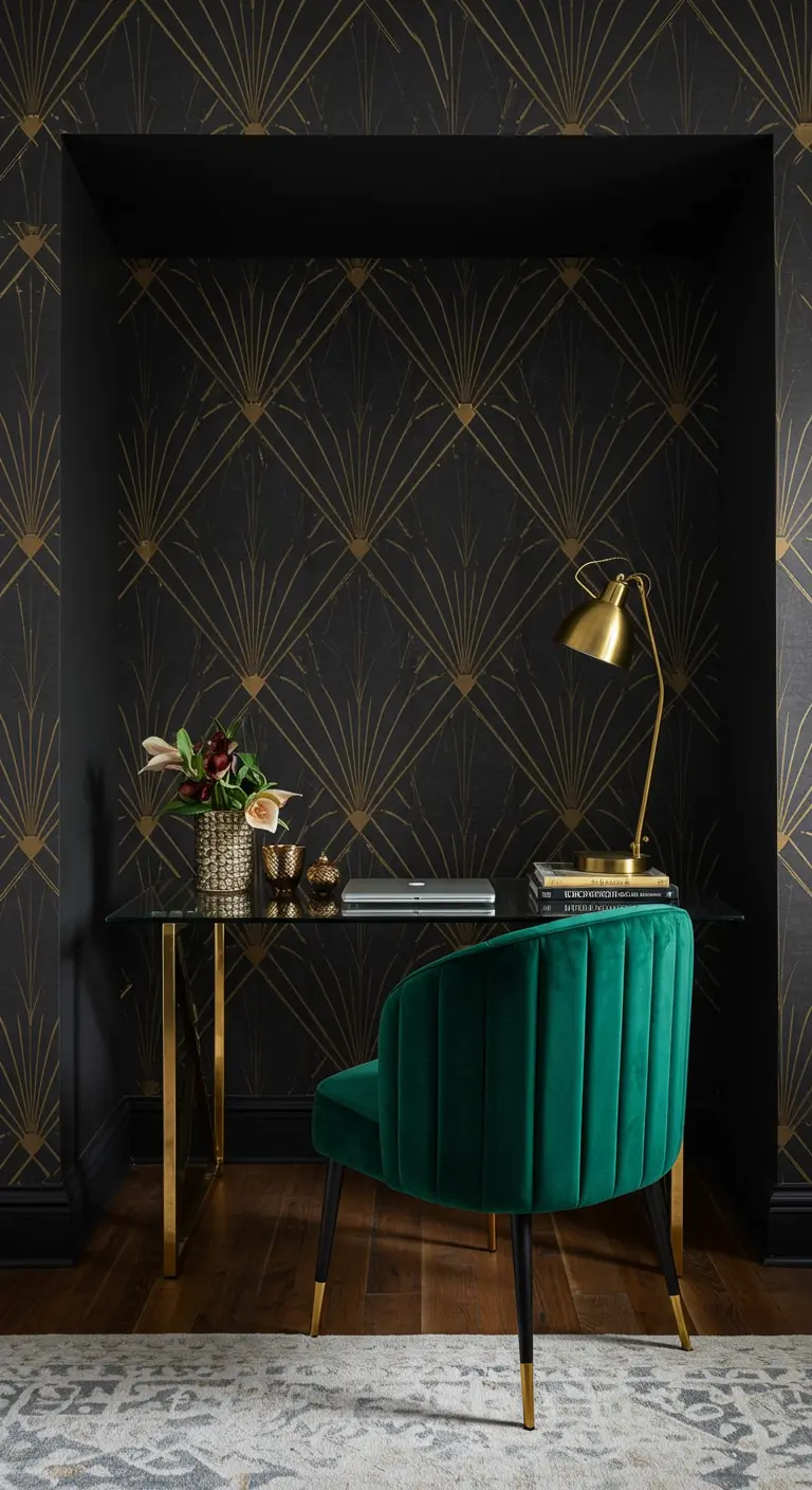 Rincón de oficina Art Déco con papel pintado negro y dorado y una silla de terciopelo verde.