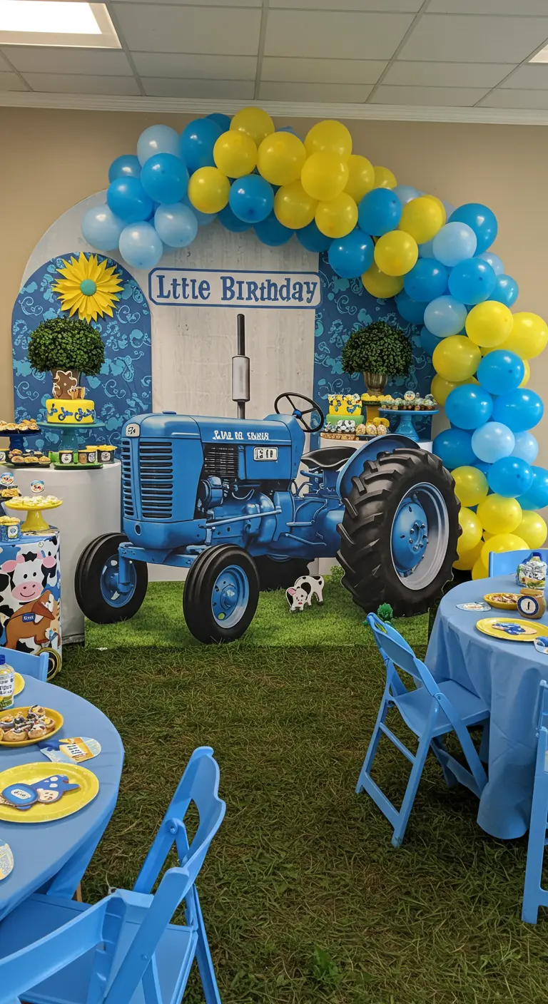 Decoración de fiesta con un tractor de cartón azul gigante como telón de fondo.