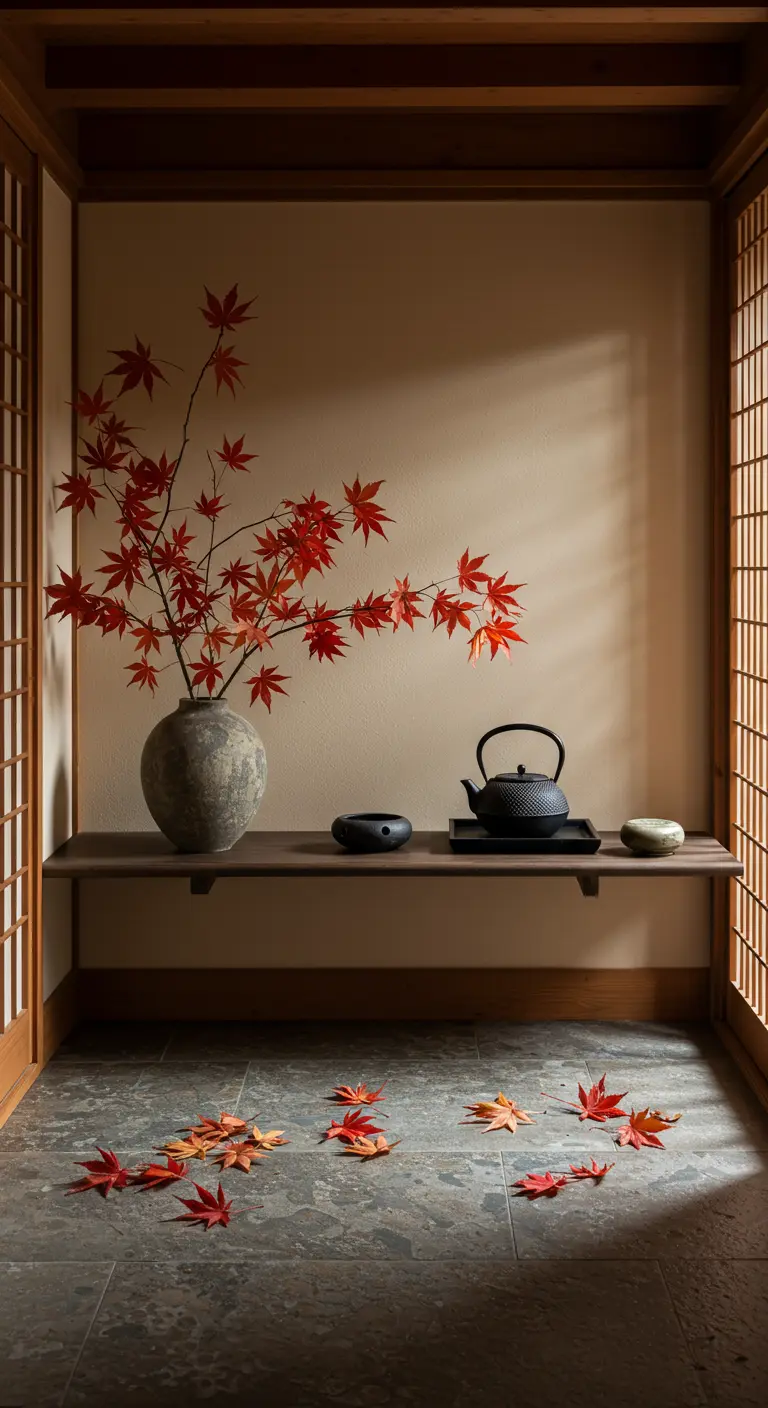 Rincón de estilo japonés con una estantería baja, jarrón con arce rojo y tetera de hierro.