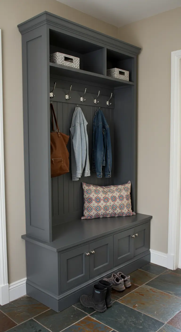 Mueble recibidor vertical de color gris con banco, perchero y almacenamiento cerrado.