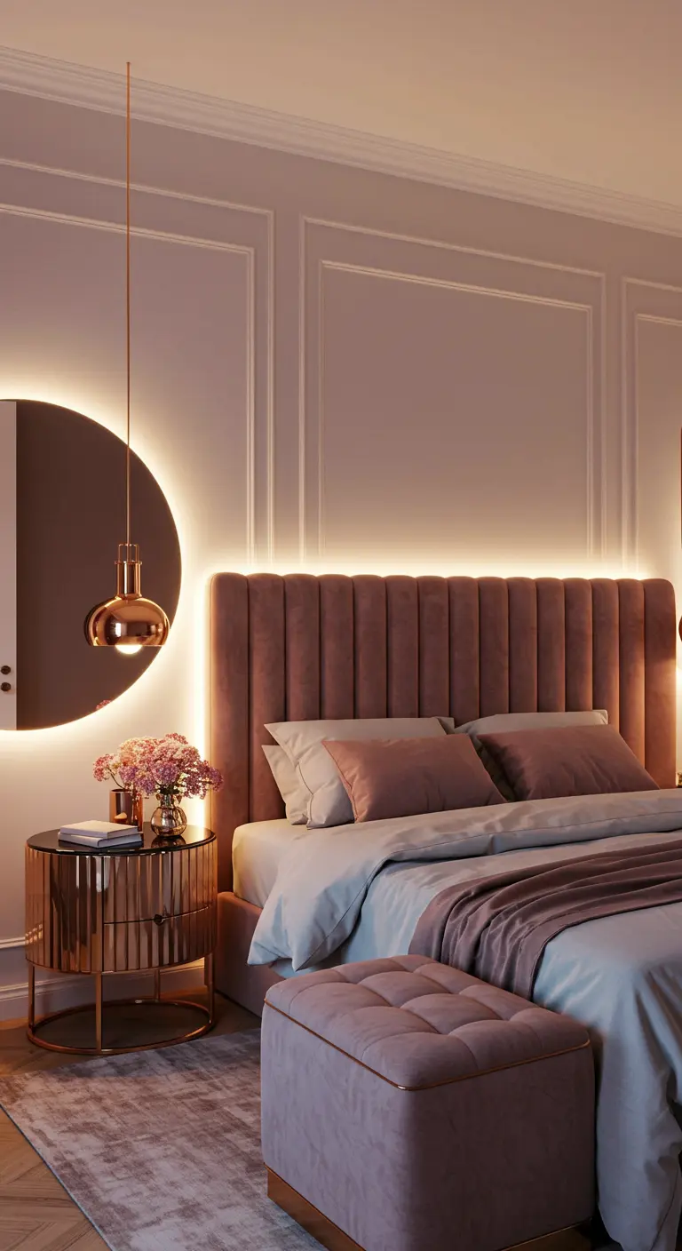 Dormitorio elegante con cabecero de terciopelo rosa y espejo redondo retroiluminado con LED.