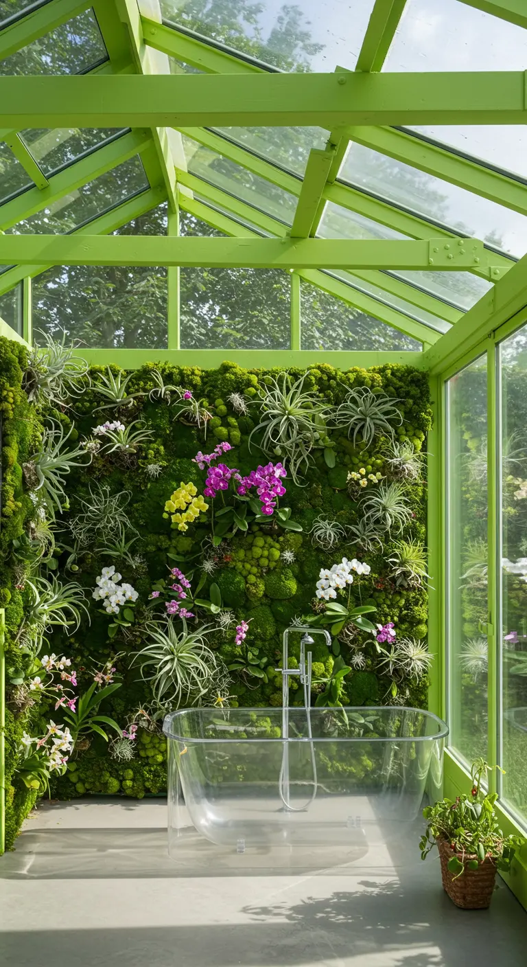 Baño tipo invernadero con estructura verde, paredes de cristal y jardín vertical.
