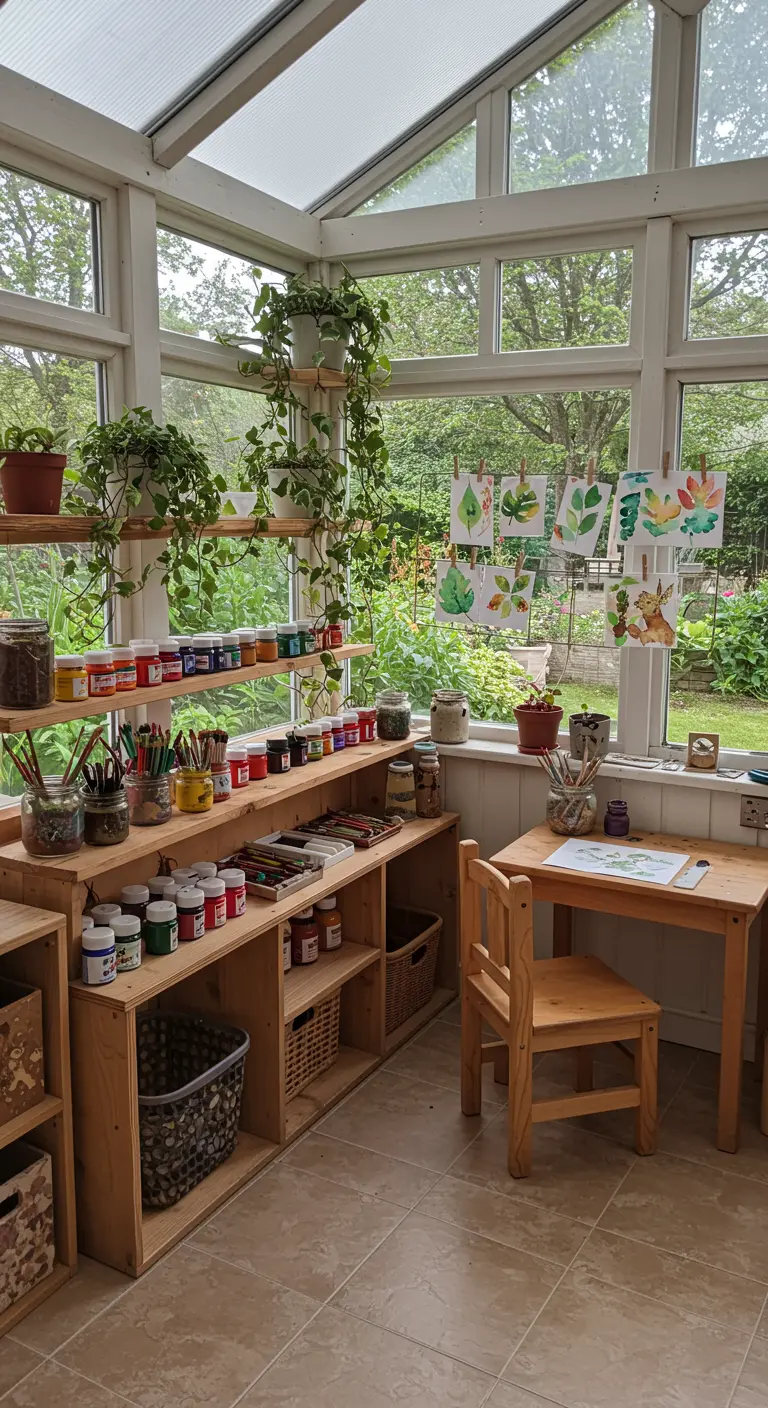 Espacio de arte luminoso en un porche acristalado con estanterías de madera y muchas plantas.