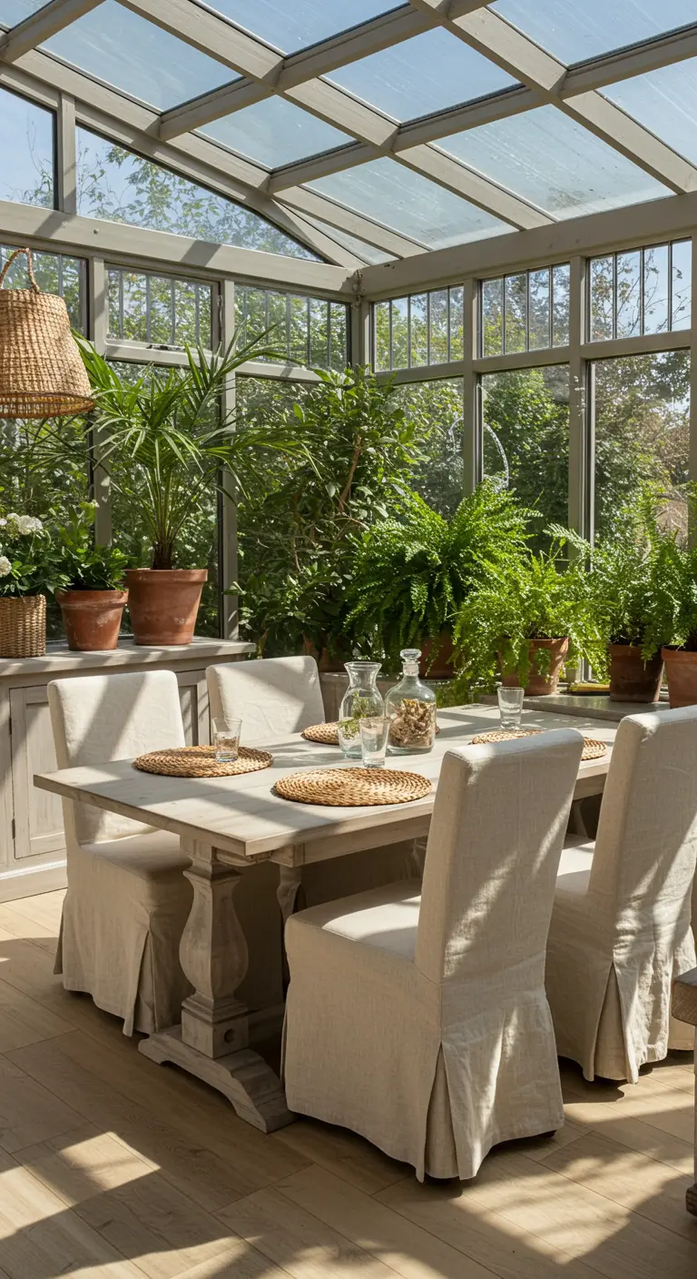 Comedor en un invernadero acristalado, rodeado de plantas, con mesa clara y sillas de lino.