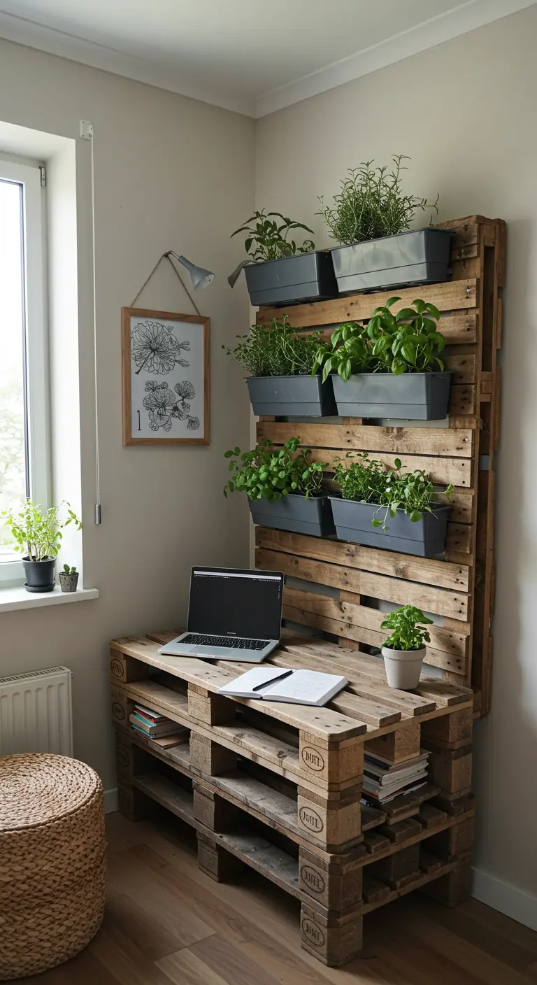 Escritorio de palets con un palet vertical detrás que funciona como jardín para hierbas aromáticas.