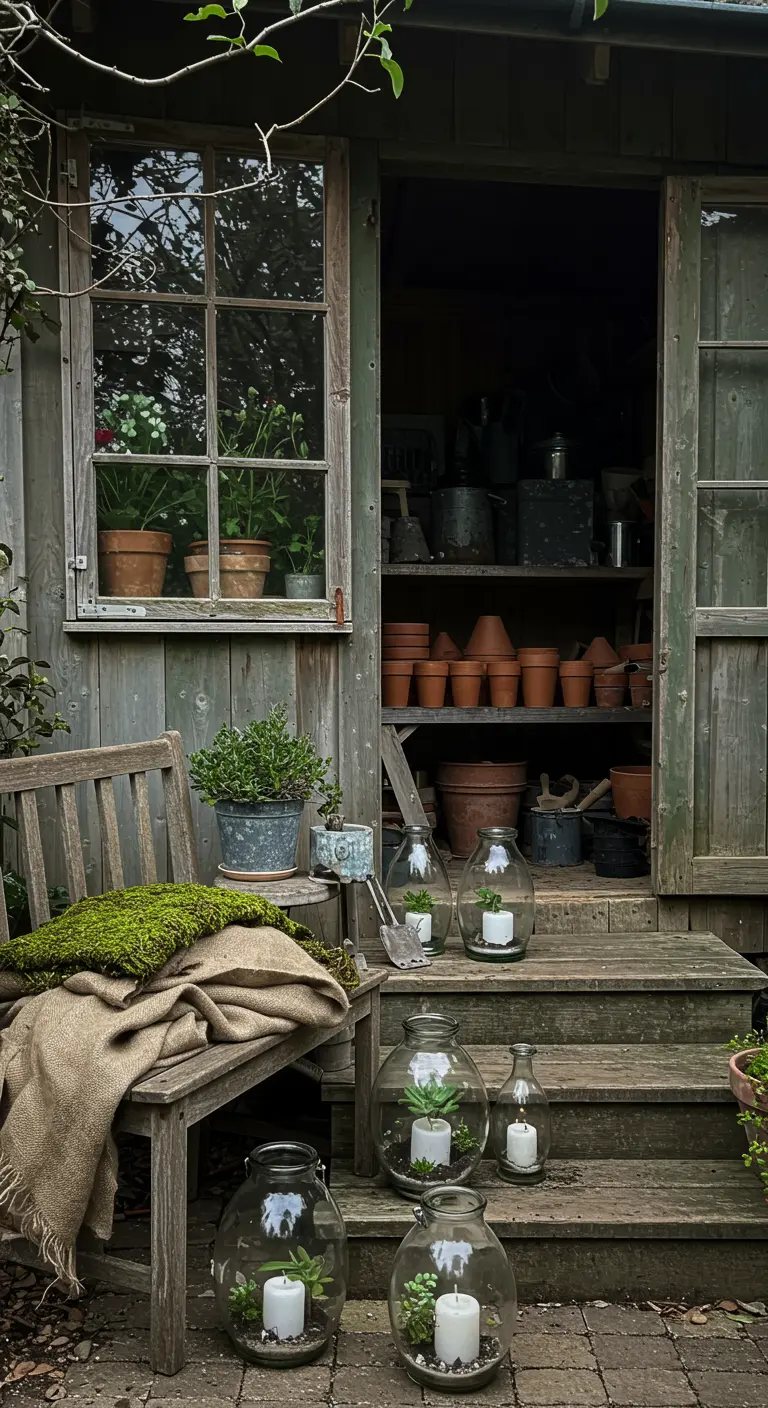 Rincón de jardinería con un banco de madera, una manta rústica y faroles de cristal con suculentas y velas.