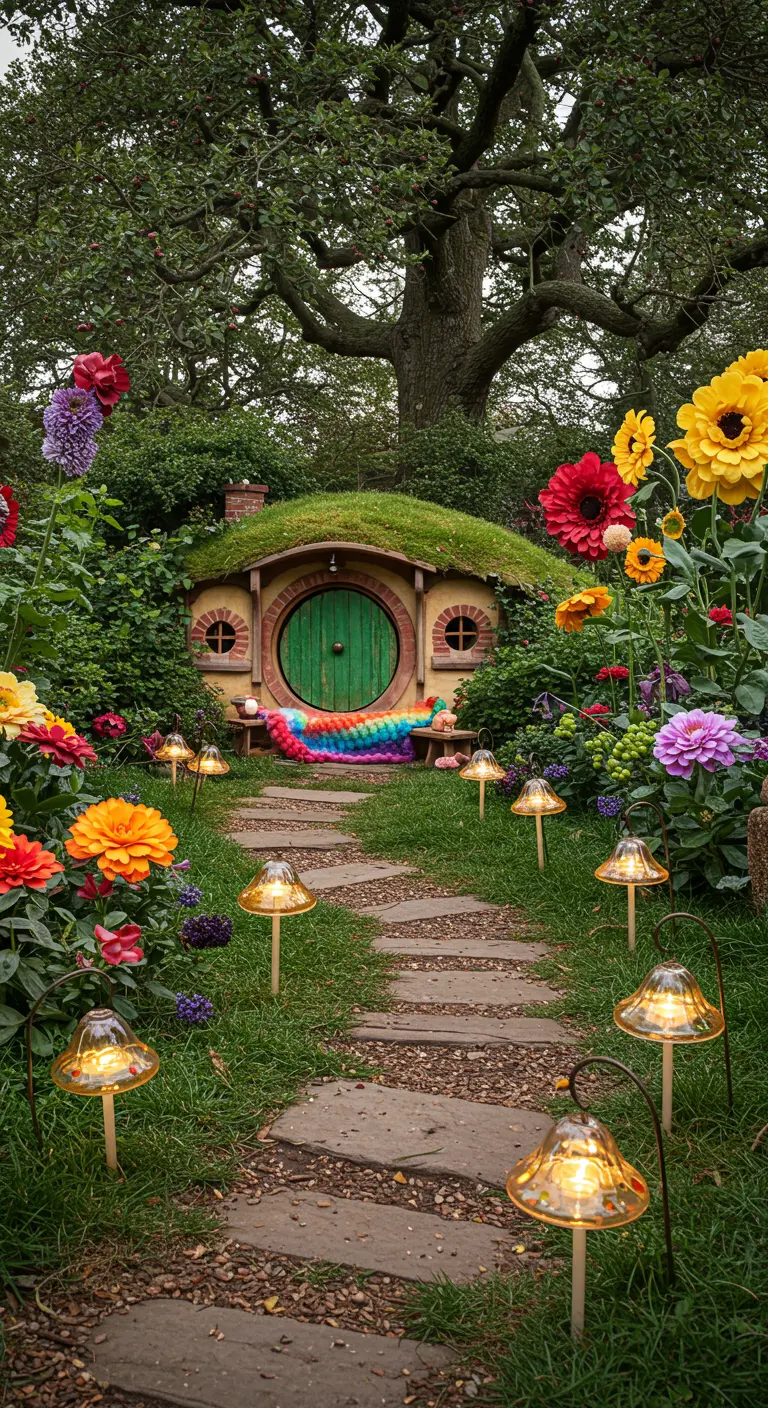 Jardín de flores vibrantes con un camino de piedra que lleva a una casa de estilo hobbit, iluminado por lamparitas.