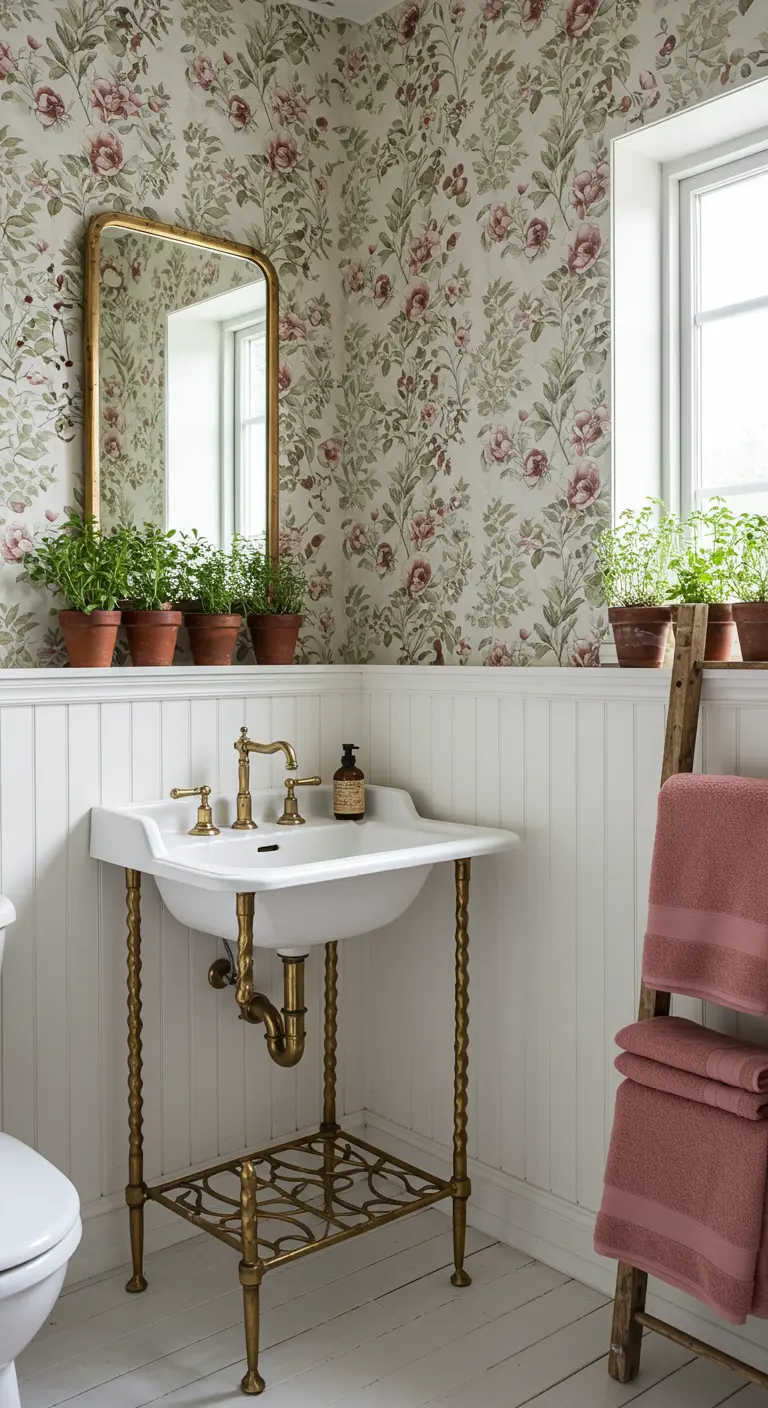 Baño estilo cottage con papel pintado floral, lavabo con patas doradas y plantas.