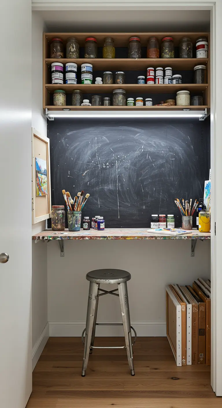 Estudio de artista en un armario con una gran pared de pizarra y un taburete industrial.