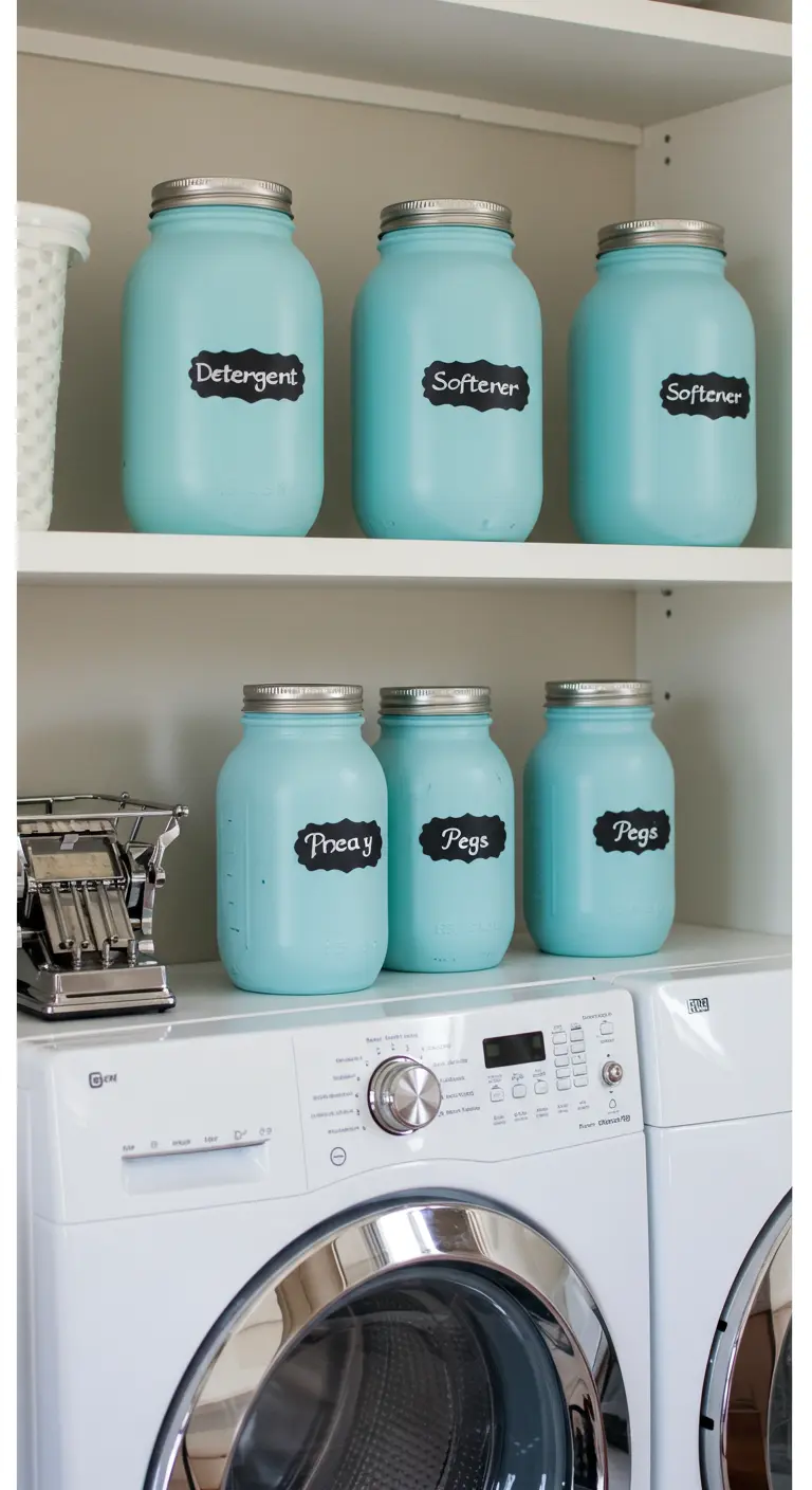 Frascos de color turquesa con etiquetas de pizarra organizando detergente y suavizante en un lavadero.