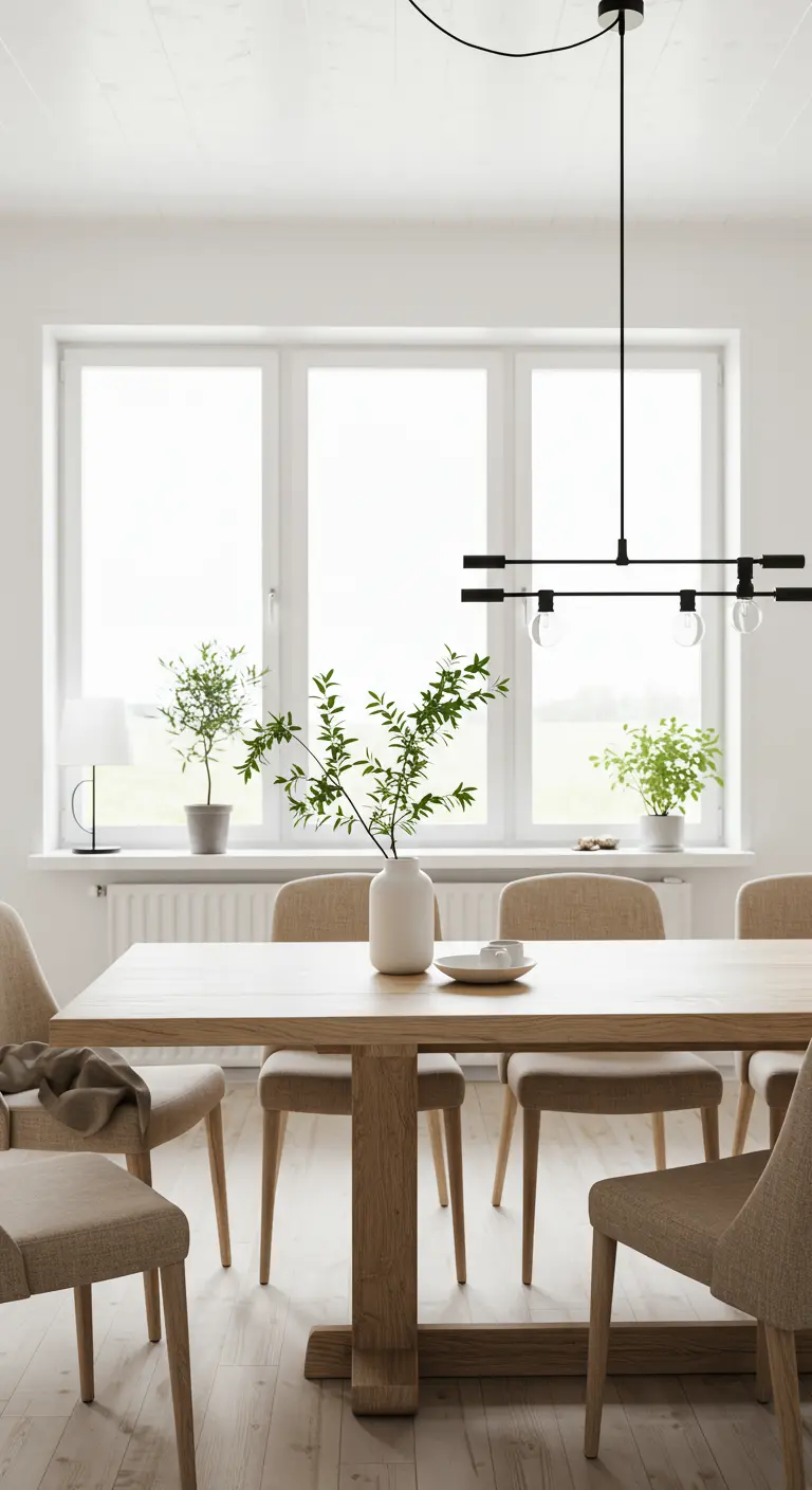 Comedor minimalista con mesa de madera clara, sillas de lino beige y lámpara negra moderna.