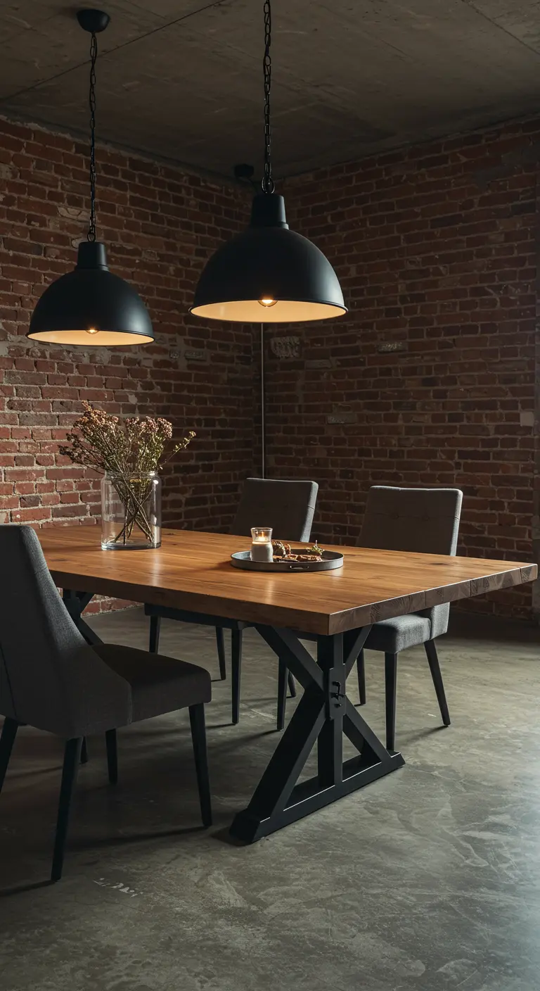Comedor de estilo industrial con pared de ladrillo, mesa de madera y sillas de lino gris oscuro.