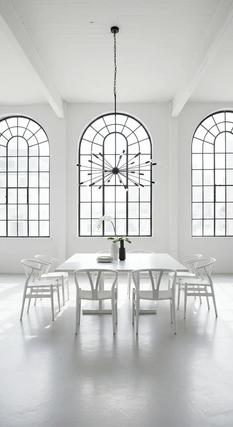 Comedor blanco en un loft con grandes ventanales de arco y una lámpara Sputnik negra.