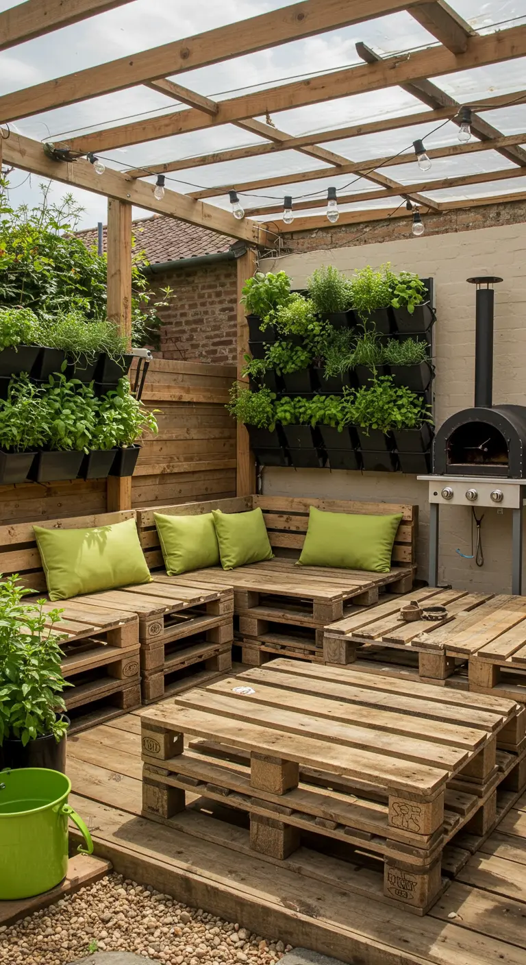 Patio con muebles hechos de palets, cojines verdes y jardines verticales con hierbas aromáticas.