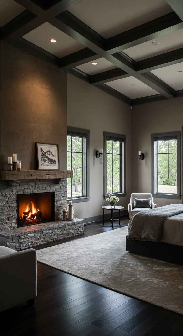 Dormitorio lujoso con chimenea de piedra, techo artesonado y suelo de madera oscura.